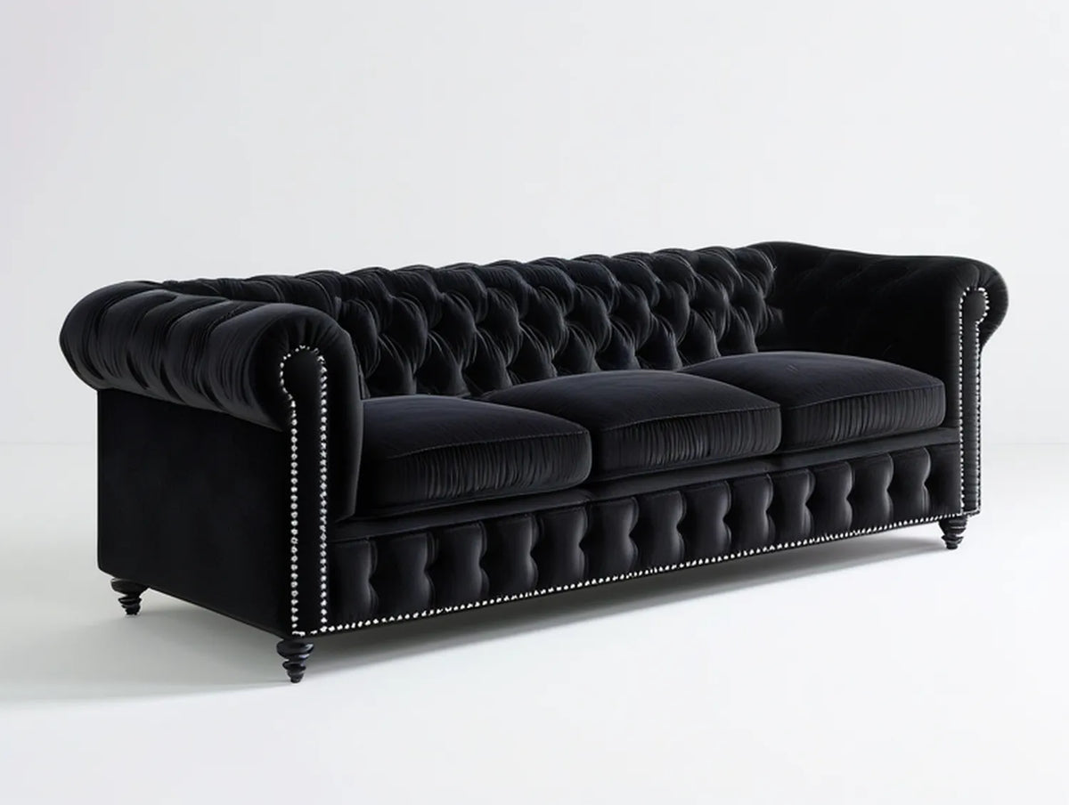 Black 3-Seat Chesterfield Velvet Sofa, 84 x 36 x 30 in