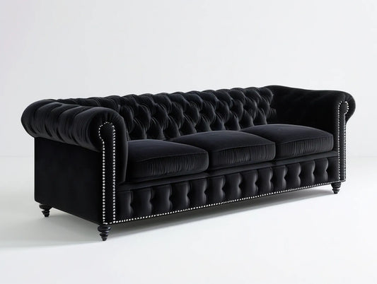 Black 3-Seat Chesterfield Velvet Sofa, 84 x 36 x 30 in