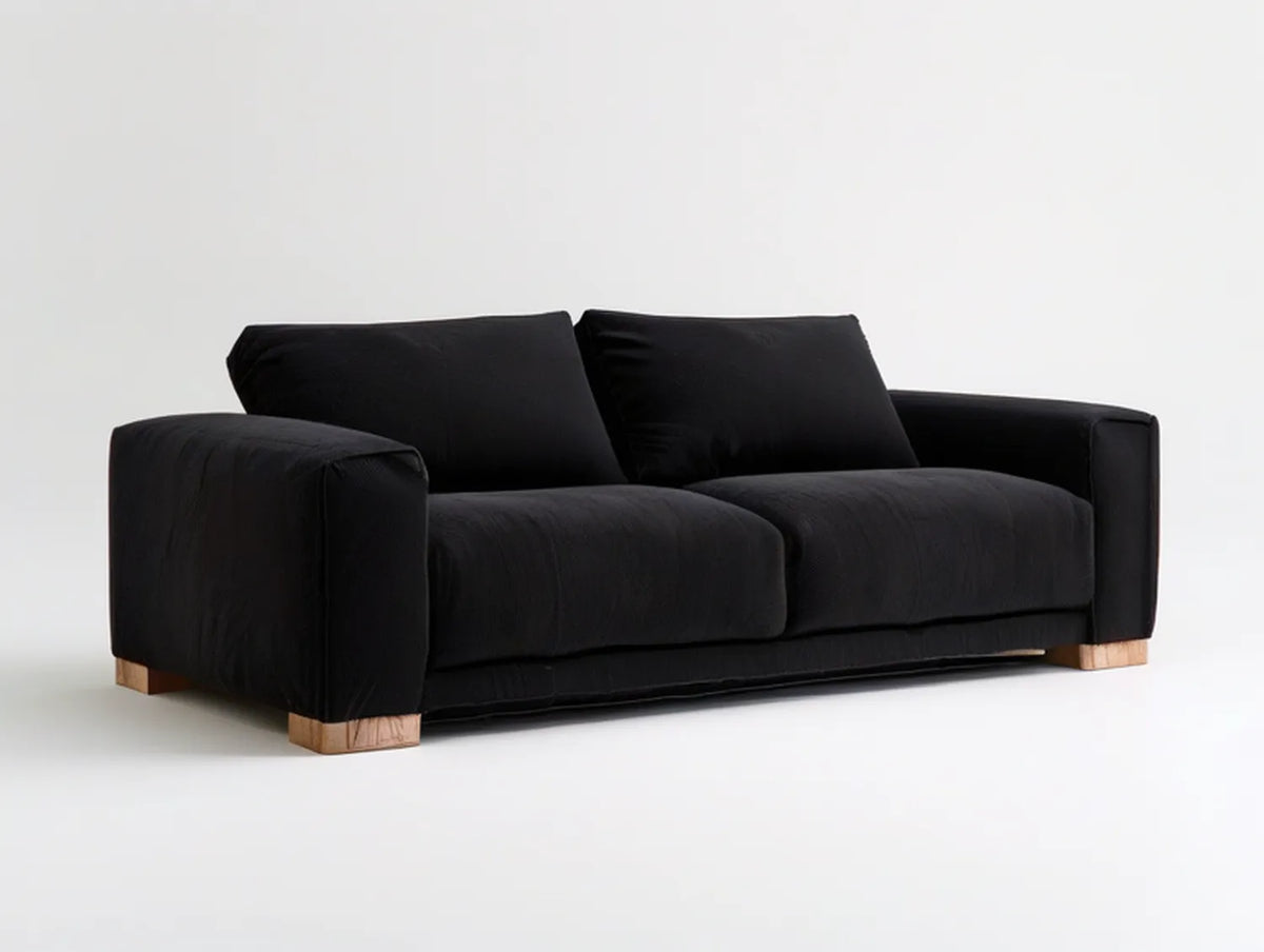 2-Seat Black Polyester Velvet Sofa with Natural Brown Wood Feet, 70.9 x 35.8 x 31.1 in