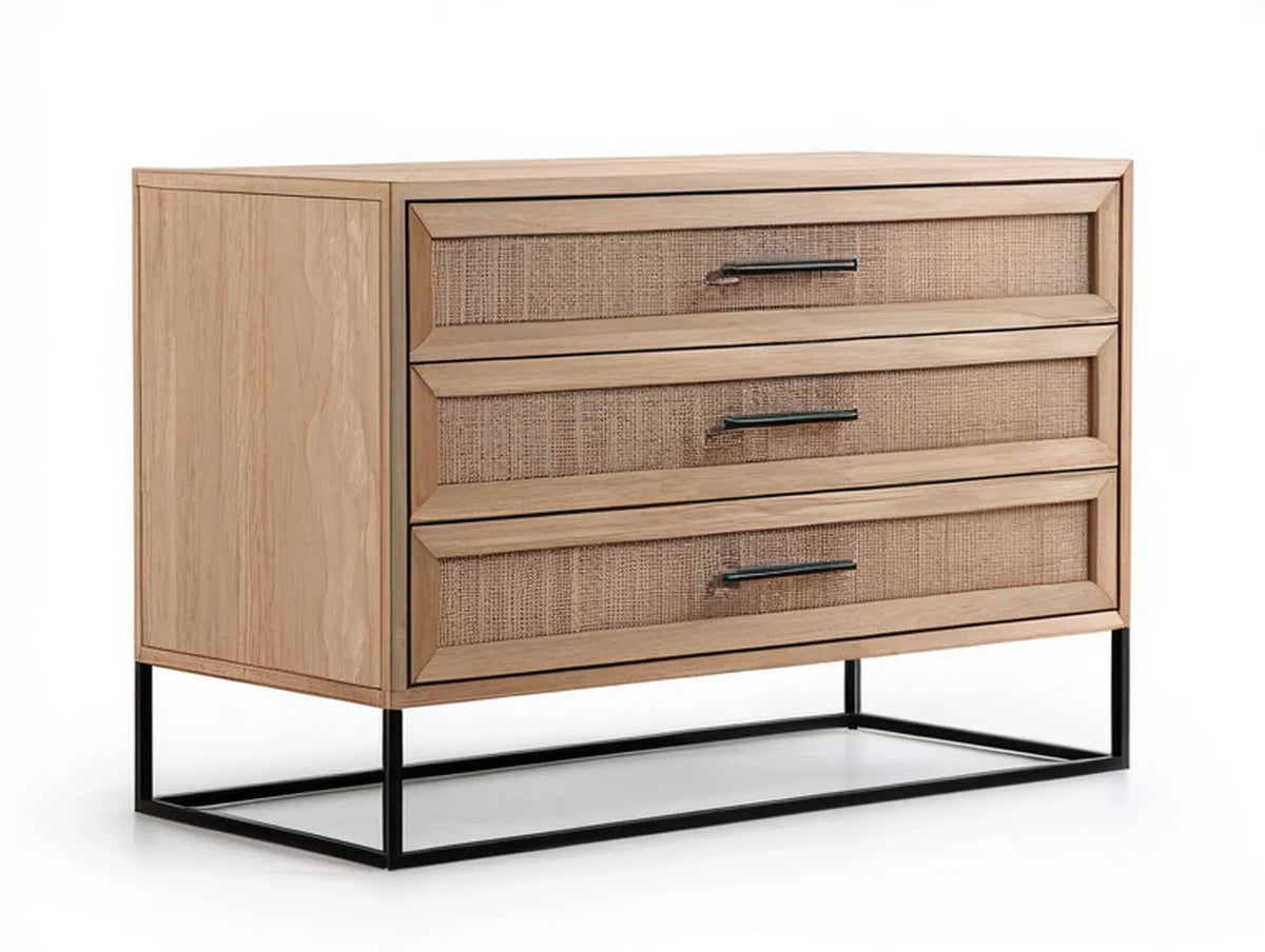 47.2 in 3-Drawer Oak Veneer Dresser with Natural Rattan Panels and Black Steel Base