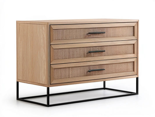 47.2 in 3-Drawer Oak Veneer Dresser with Natural Rattan Panels and Black Steel Base