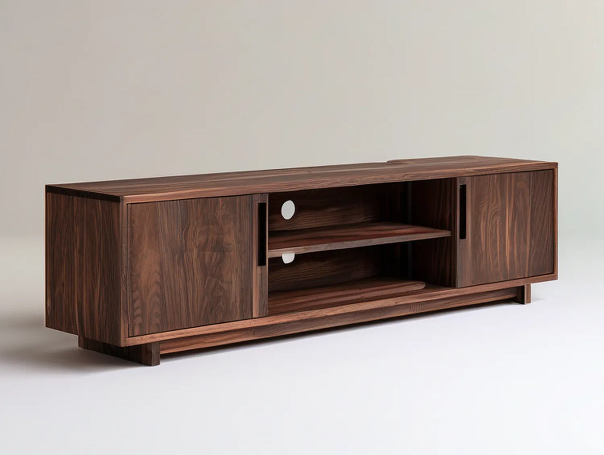Walnut Veneer TV Stand with Sliding Doors and Open Shelves, Dark Walnut Brown, 70.9 x 15.7 x 19.7 in
