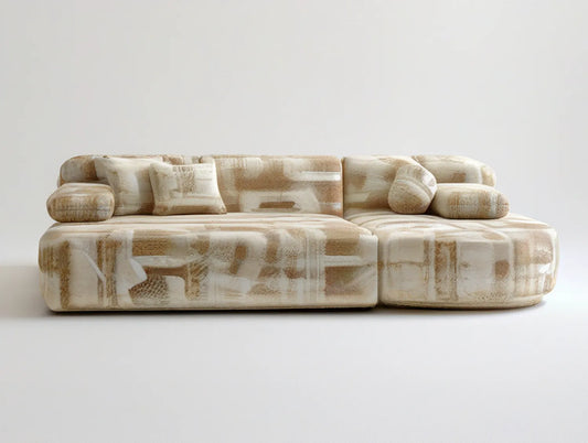 Cream and Beige Curved Sectional Sofa with Chaise, 110.2 x 66.9 x 27.6 in
