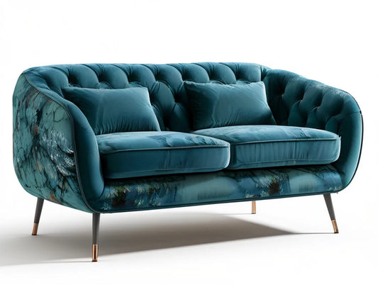 Tufted 2-Seat Loveseat, 63 x 34 x 31 in, Curved Teal Polyester Velvet Upholstery