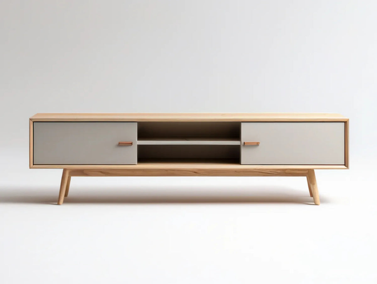 70.9 x 15.7 x 21.7 in Light Natural and White MDF Media Console with Rubberwood Legs