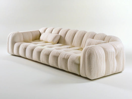 Cream Curved 3-Seat Boucle Upholstered Sofa, 98 x 43 x 30 in.