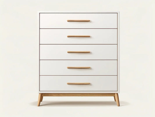 5-Drawer White MDF and Rubberwood Dresser, 31.5 x 15.7 x 47.2 in