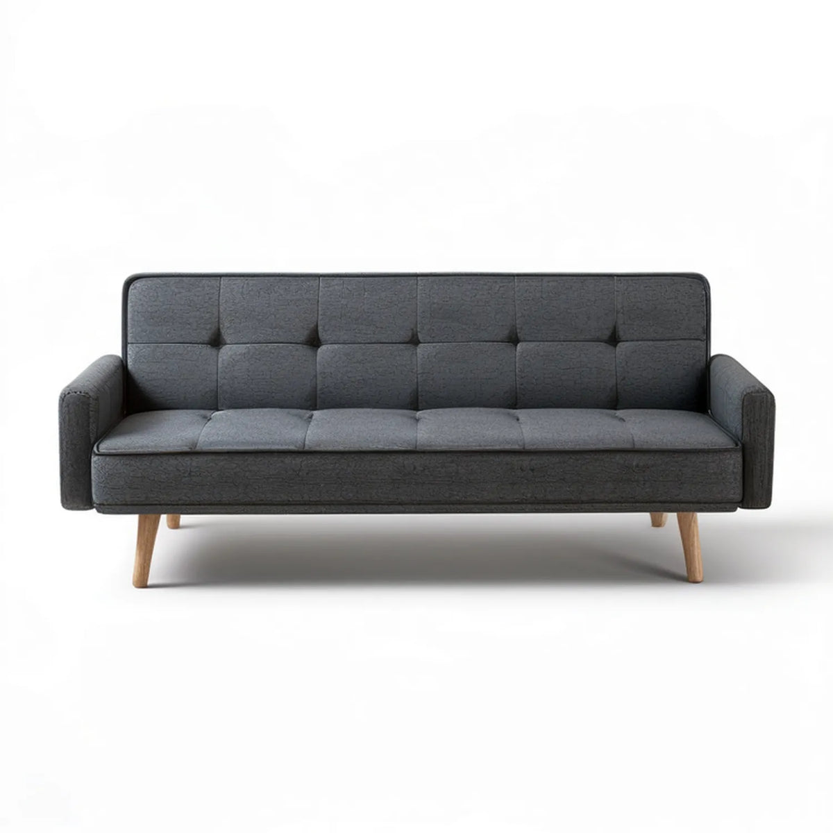 Dark Gray 3-Seat Tufted Upholstered Sofa, 82 x 33 x 35 in, Natural Brown Wood Legs