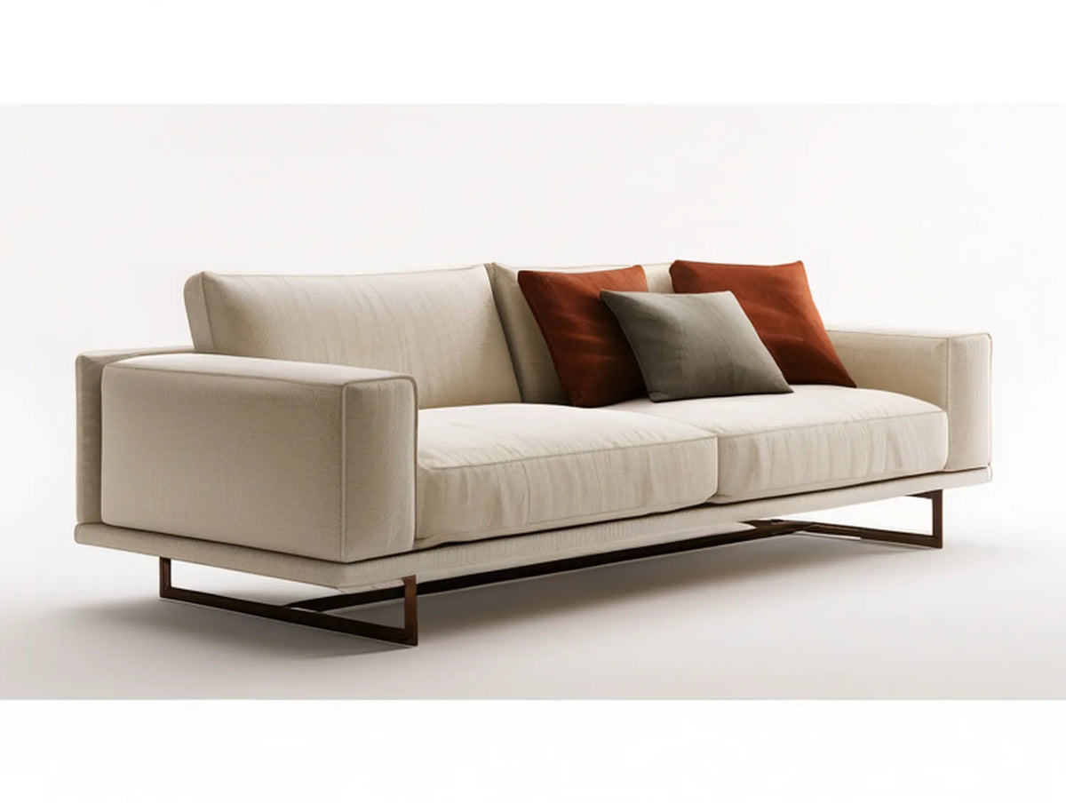 Modern Cream Polyester Upholstered 3-Seat Sofa with Dark Brown Steel Base, 86.6 x 35.4 x 33.5 in