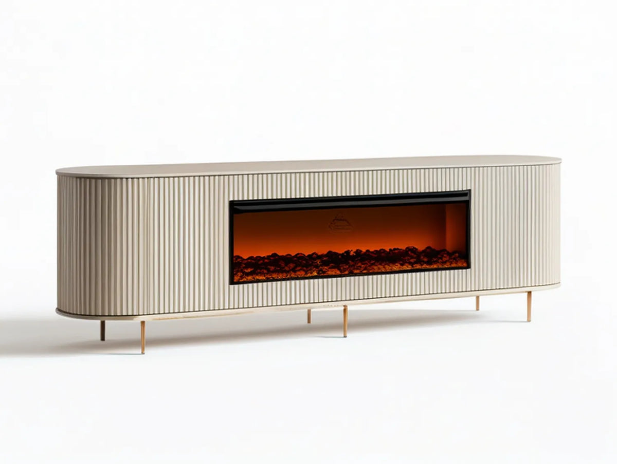 70 x 15.7 x 24 in Fluted MDF TV Stand with Electric Fireplace, Cream/Gold/Black